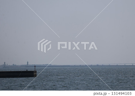 青い海面の海と突堤と灯台と空の見える風景 131494103