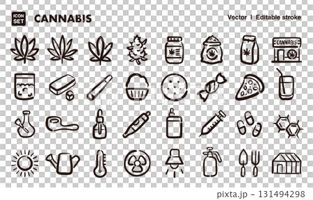 Cannabis, marijuana hand-drawn icon illustration set. EPS version can be edited to change line thickness, etc. 131494298