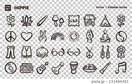 嬉皮文化手繪圖示插畫集。 EPS版本可編輯以變更線條粗細等。 131494301