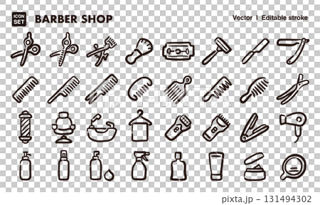 バーバーショップ、理髪店の手描きアイコンイラストセット　EPS版は線の太さ等編集可能 131494302