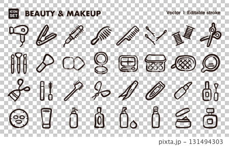 Hand-drawn icon illustration set of beauty and makeup tools. EPS version can be edited to change line thickness, etc. 131494303