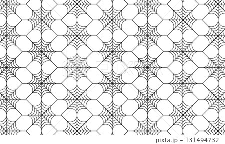 たわんだ八角形のクモの巣が繋がった格子柄 131494732