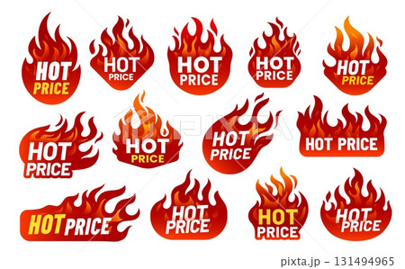 Hot price deal promotion fire flame labels. Isolated vector emblems, stickers, badges, tags or icons with burning blaze tongues. Special offer promo set for discounted items, retail or clearance sale Hot price deal promotion fire flame labels. Isolated vector emblems, stickers, badges, tags or icons with burning blaze tongues. Special offer promo set for discounted items, retail or clearance sale 131494965