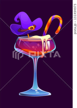 Halloween cocktail in a glass with a purple witch hat, striped candy cane, and dripping cream topping. Isolated cartoon vector spooky and festive drink, bar menu beverage for spooktacular party night 131494973