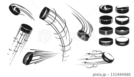 Ice hockey puck motion with dynamic streak effects, speed lines, rotations and energy trails, emphasizing sports, fast paced action and competition. Vector set of moving black and white hockey pucks 131494980