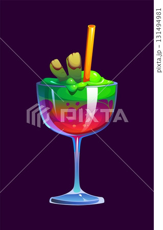Halloween holiday cocktail with zombie fingers in acid, cartoon vector spooky drink. Halloween trick or treat party magic potion glass or cocktail elixir cup with dead zombie fingers and rotten nails 131494981