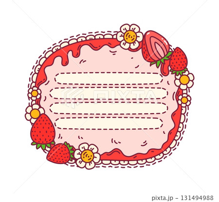 Ripe red strawberry kids memo note frame. Cute blank label with space for writing. Cartoon vector border decorated with red berries, sweet dripping jam and flowers, for recipes, jars notes or messages Ripe red strawberry kids memo note frame. Cute blank label with space for writing. Cartoon vector border decorated with red berries, sweet dripping jam and flowers, for recipes, jars notes or messages 131494988