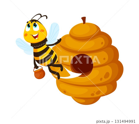 Flying out from beehive honey bee insect character. Bumblebee baby cute cartoon character, honeybee bug cheerful vector character. Working bee insect funny isolated personage collecting honey 131494991