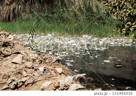 A polluted lake filled with garbage and debris. Litter floats on the water's surface, surrounded by overgrown vegetation and dirt banks. 131495010