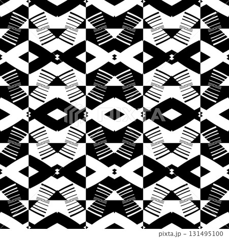 Abstract seamless pattern with decorative geometric  elements. Black and white ornament. Modern stylish texture repeating. Great for tapestry, carpet, bedspread, fabric, ceramic tile, pillow 131495100