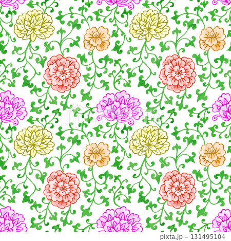 Watercolor style chinoiserie seamless pattern with pink flowers and green leaves Watercolor style chinoiserie seamless pattern with pink flowers and green leaves 131495104