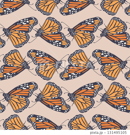Vintage seamless pattern with hand drawn orange monarch butterflies on brown background Vintage seamless pattern with hand drawn orange monarch butterflies on brown background 131495105