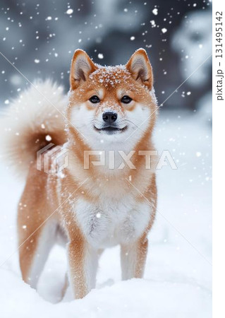 雪景色に映える柴犬の美しい立ち姿 131495142