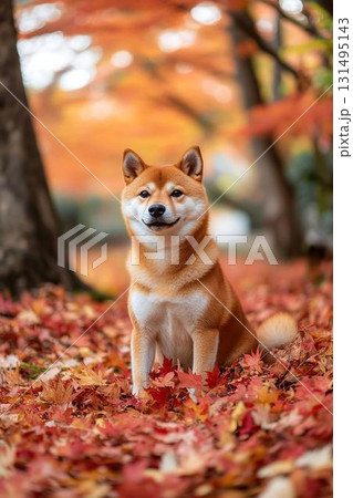 紅葉に包まれて佇む柴犬の穏やかな時間 131495143