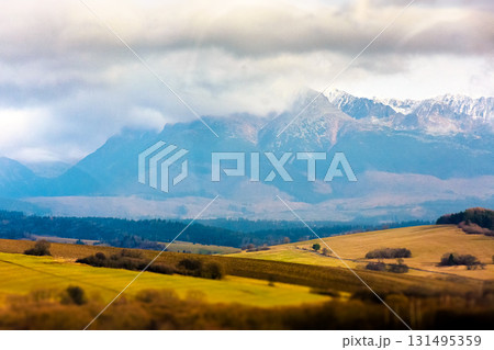 rural fields near Tatra Mountains in autumn season. beautiful view of countryside area of slovakia with forest on the hills. gorgeous mountain ridge with snow capped rocky peaks. miniature effect 131495359
