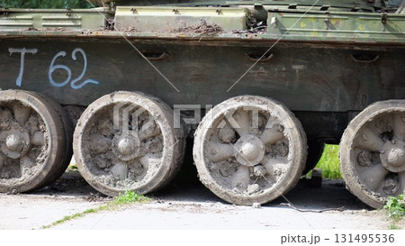 Rusty and burned-out armored vehicles on ukrainian territory. Exhibition of destroyed military equipment of the russian army. War between Ukraine and russia. Close up Slow motion Rusty and burned-out armored vehicles on ukrainian territory. Exhibition of destroyed military equipment of the russian army. War between Ukraine and russia. Close up Slow motion 131495536