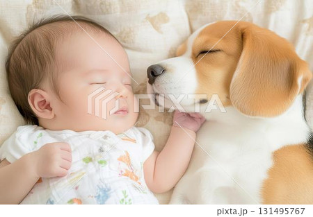 赤ちゃんとビーグルがぴったり寄り添う穏やかな眠り 131495767