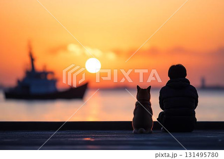 夕焼けを見つめる人物と犬の静かな時間 夕焼けを見つめる人物と犬の静かな時間 131495780