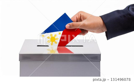フィリピンの国旗の投票用紙を投票する手と投票箱。選挙。 131496078