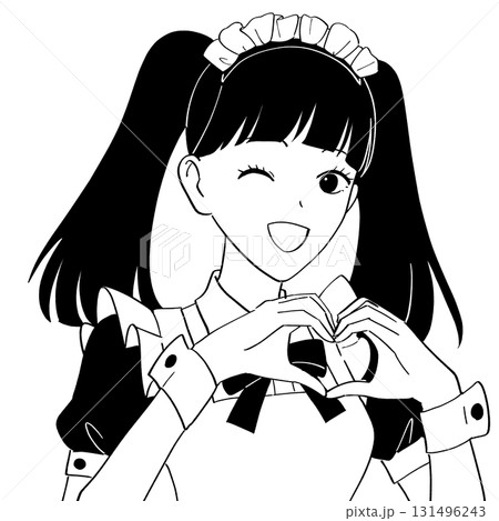 手でハートを作るメイドカフェの女の子のイラスト 131496243