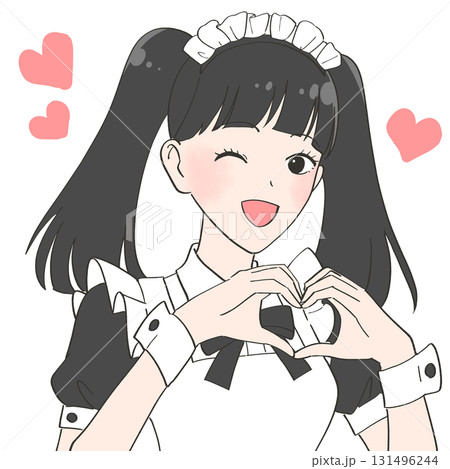 手でハートを作るメイドカフェの女の子のイラスト 手でハートを作るメイドカフェの女の子のイラスト 131496244