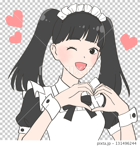 手でハートを作るメイドカフェの女の子のイラスト 手でハートを作るメイドカフェの女の子のイラスト 131496244