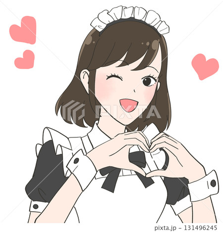 手でハートを作るメイドカフェの女の子のイラスト 手でハートを作るメイドカフェの女の子のイラスト 131496245