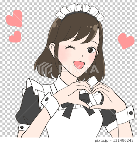手でハートを作るメイドカフェの女の子のイラスト 手でハートを作るメイドカフェの女の子のイラスト 131496245