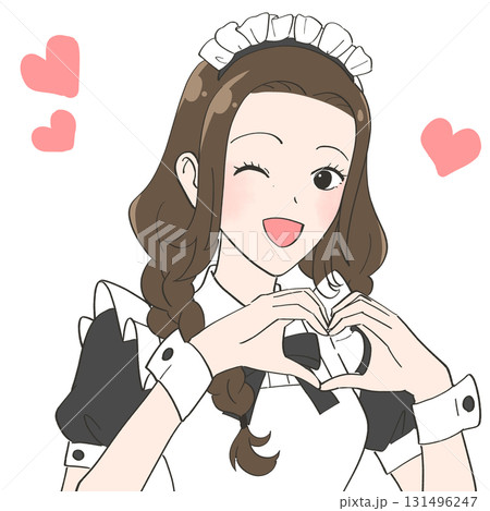 手でハートを作るメイドカフェの女の子のイラスト 手でハートを作るメイドカフェの女の子のイラスト 131496247