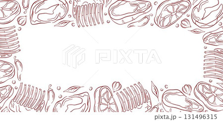 Border frame with different meat cut steak, rib...のイラスト素材 [131496315 ...