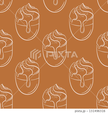 Seamless pattern with coffee, hot chocolate or cocoa with cream on top in line art style. Coffee cup wallpaper for bakery, cafe menu, packaging and sweet food design. 131496316