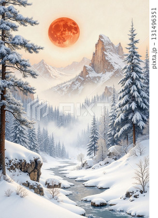 View of the full moon from the snow-capped mountains 131496351