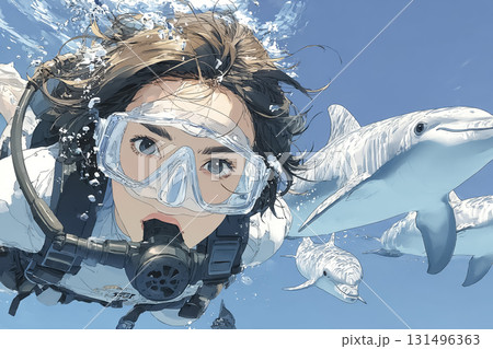 光の中でイルカと跳ねる女性ダイバー 131496363