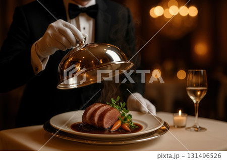 Waiter Presenting Gourmet Entree Under Silver Cloche in Fine Dining Waiter Presenting Gourmet Entree Under Silver Cloche in Fine Dining 131496526