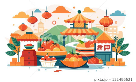 A picturesque countryside town hosts a lively farmer's market brimming with the freshest produce, where stacks of juicy oranges and melons share space with delectable Chinese New Year sweets, creatin 131496621