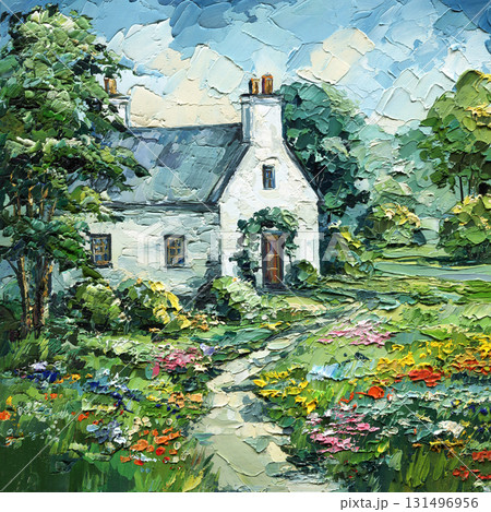 White country cottage in summer garden impasto oil painting colorful flowers green trees rural landscape textured artwork White country cottage in summer garden impasto oil painting colorful flowers green trees rural landscape textured artwork 131496956