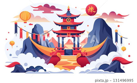 A mystical mountain temple, shrouded in a veil of swirling mist, is dramatically punctuated by vibrant Lunar New Year banners hanging from its gates, creating a captivating scene where spiritual sere A mystical mountain temple, shrouded in a veil of swirling mist, is dramatically punctuated by vibrant Lunar New Year banners hanging from its gates, creating a captivating scene where spiritual sere 131496995