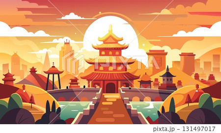 From a vantage point overlooking an ancient Chinese city, the sunrise reveals a bustling scene of New Year celebrations, the warm golden light highlighting the vibrant energy and traditional customs 131497017