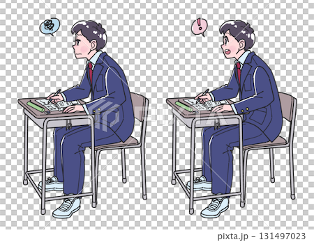 身穿制服的男學生在書桌前學習的全身插圖 - 了解版本和不了解版本 131497023