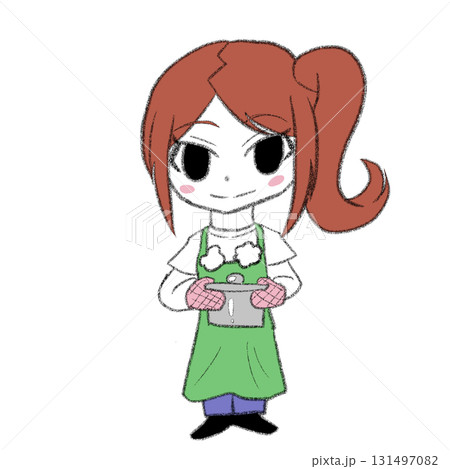 熱い鍋を持っているエプロンを着た女の子 131497082