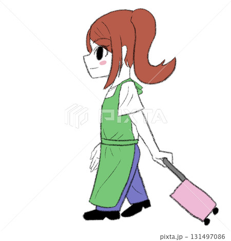 スーツケースを持って歩いているエプロンを着た女の子 131497086