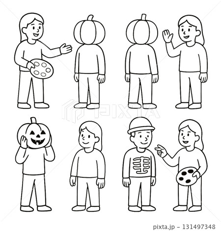 Coloring book coloring page featuring children in pumpkin costumes and skeleton outfit Coloring book coloring page featuring children in pumpkin costumes and skeleton outfit 131497348