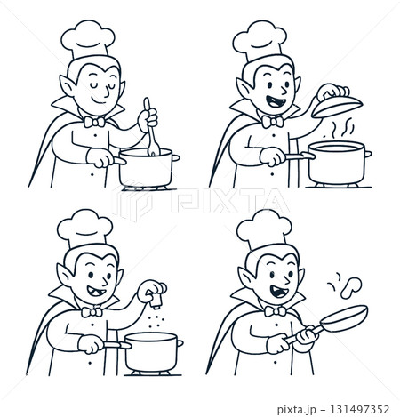 Coloring book page featuring vampire chef cooking in kitchen for fun coloring activity Coloring book page featuring vampire chef cooking in kitchen for fun coloring activity 131497352