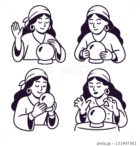 Coloring book coloring page featuring fortune teller with crystal ball in various poses 131497361