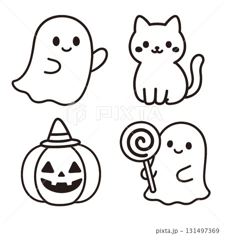 Coloring book coloring page featuring cute ghost cat pumpkin and lollipop for coloring fun Coloring book coloring page featuring cute ghost cat pumpkin and lollipop for coloring fun 131497369