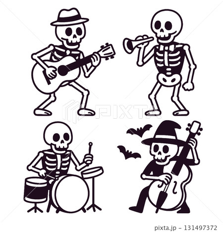 Coloring book coloring page featuring skeletons playing musical instruments in fun coloring style 131497372