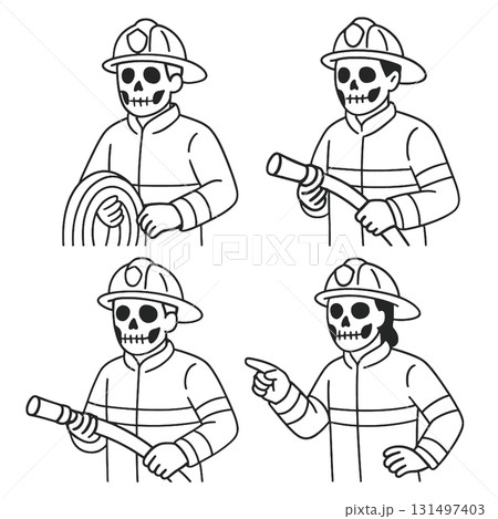 Firefighter skeleton helmet uniform hose pointing cartoon black and white illustration Firefighter skeleton helmet uniform hose pointing cartoon black and white illustration 131497403