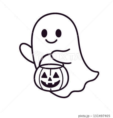 Cute ghost holding pumpkin bucket, Halloween, outline, simple, happy, cartoon, white background Cute ghost holding pumpkin bucket, Halloween, outline, simple, happy, cartoon, white background 131497405