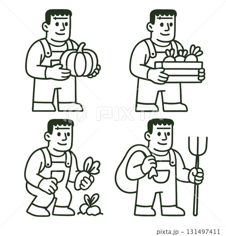 Farmer holding pumpkin, crate of vegetables, harvesting, carrying sack, and pitchfork 131497411