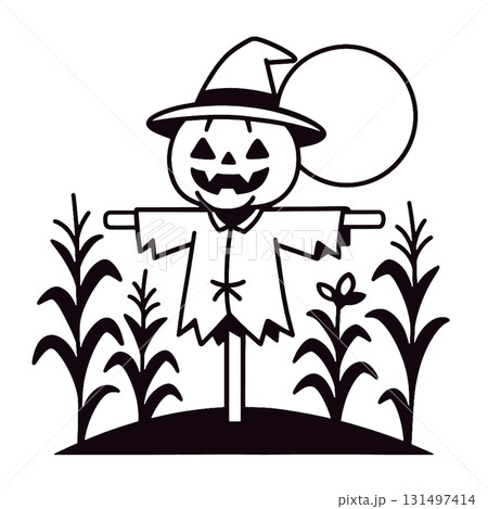 Scarecrow pumpkin hat moon corn Halloween field spooky autumn Scarecrow pumpkin hat moon corn Halloween field spooky autumn 131497414